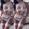 3Pcs Sexy Women See Through Floral Lace Babydoll Bra Briefs Garter Underwear Set