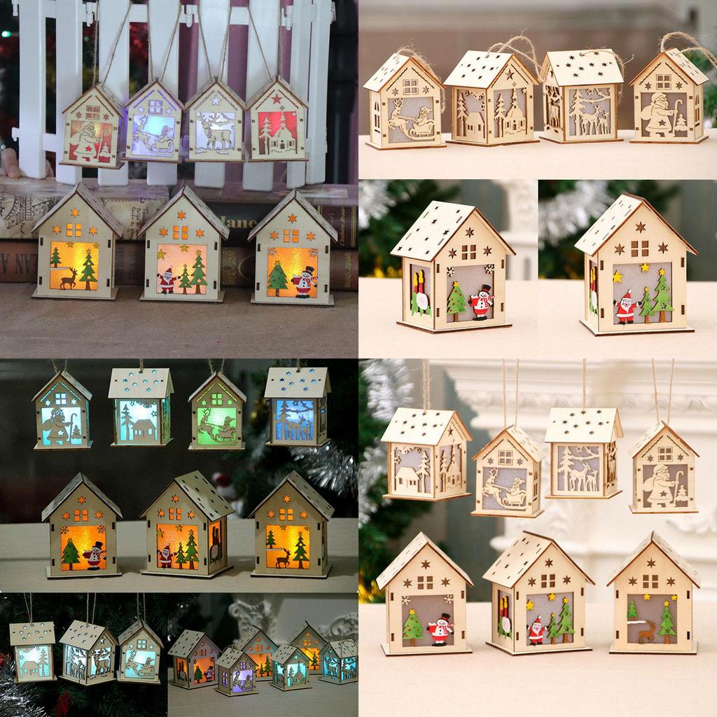 Elegant Led Light Wood House Ornament For Christmas Tree Hanging Decor