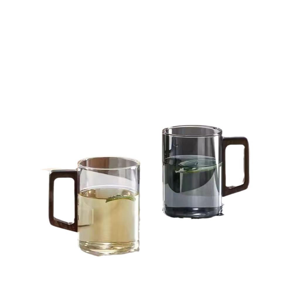 Szklany kubek do kawy z drewnianym uchwytem, odporny na ciepło, o dużej pojemności, zestaw filiżanek do picia wody i herbaty 400 ml