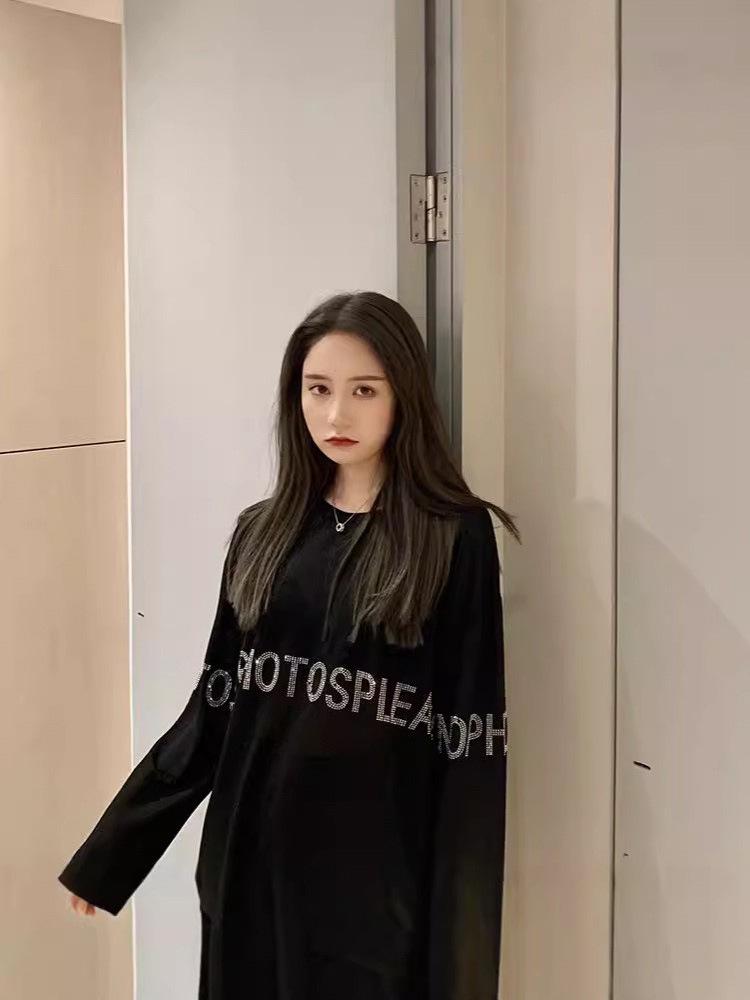 Autumn Women's Trendy Rhinestone Black Long Sleeve Loose Fit Top - Plus Size Slimming Cover-up