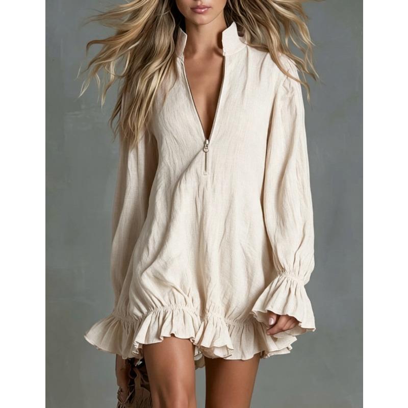 Women S Long Sleeve Bohemian Mini Dress With Ruffle Hem