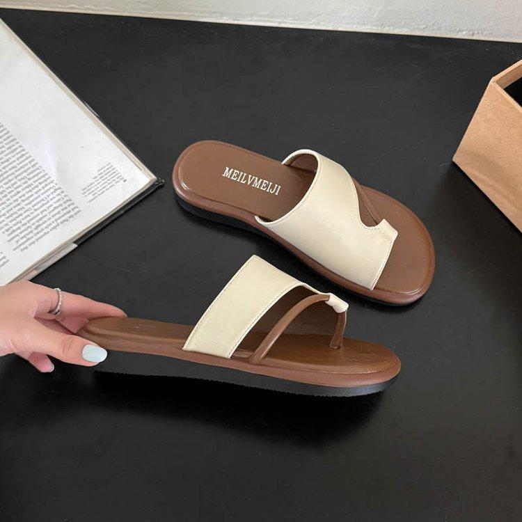 Französische Zehenpantoffeln für Damen 2025 Sommer neue Mode lässig mit Rock flacher Boden Ein-Wort-Strandschuhe