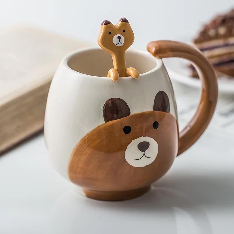 Hand-Painted Ceramic Coffee Cup Set Cartoon Panda Frog Cat Fox Pig Designs Couple's Matching Mugs with Teaspoons Kids Drinking