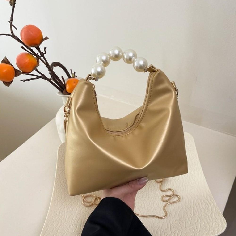 Chain Pearl Handle Handbag PU Leather Women Crossbody Bag Elegant Cloud Shoulder Bag  Party