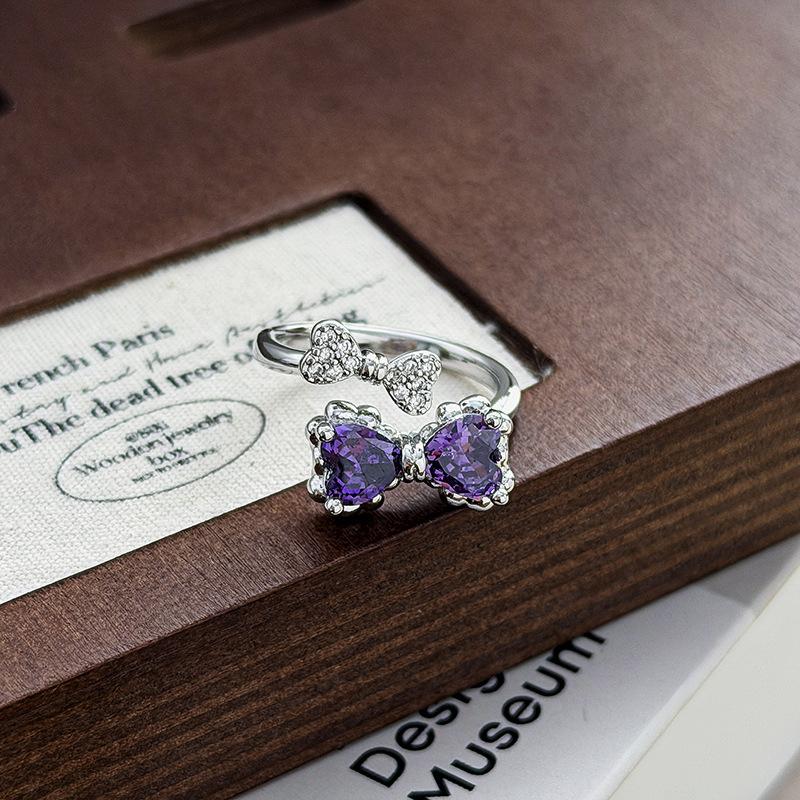 Sweet And Cool Girl'S Heart Bow, Purple Zircon Diamond-Set Open Ring, Light Luxury Niche High-End Sense Stacked Index Finger Ring