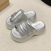 Fashion 2024 Summer New Pinch Toe Slippers Womens Platform Gladiator Shoes Flip Flop Pleated Soft Leather Comfortable Thick Sole Sandal