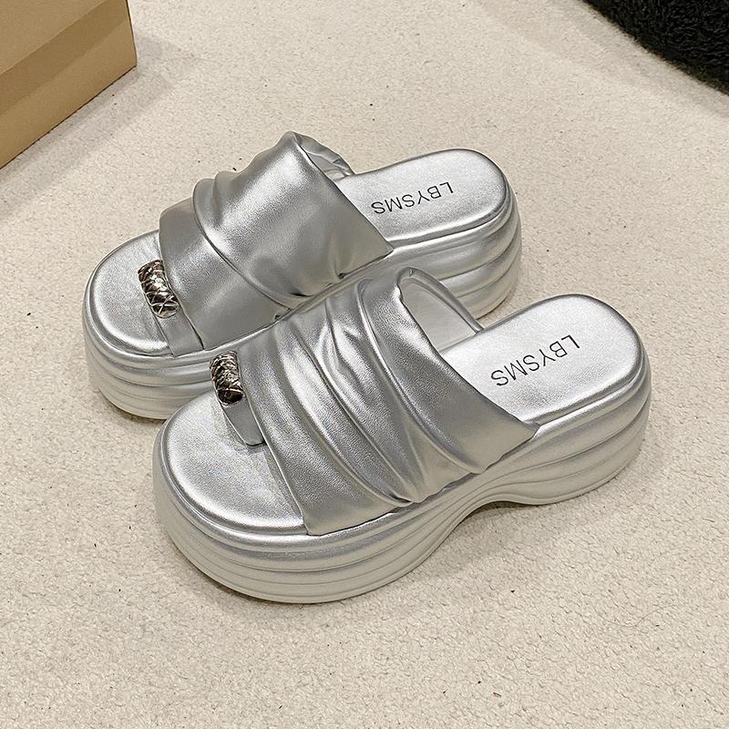 Fashion 2024 Summer New Pinch Toe Slippers Womens Platform Gladiator Shoes Flip Flop Pleated Soft Leather Comfortable Thick Sole Sandal