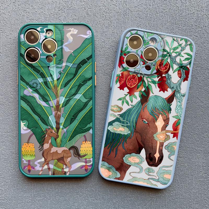 Lucky Painted Horse Pattern Chinese Style Phone Case For iPhone 15 14 Pro Max Plus 17 16 Pro Max 13 Mini 12 11 Pro Max Back Case