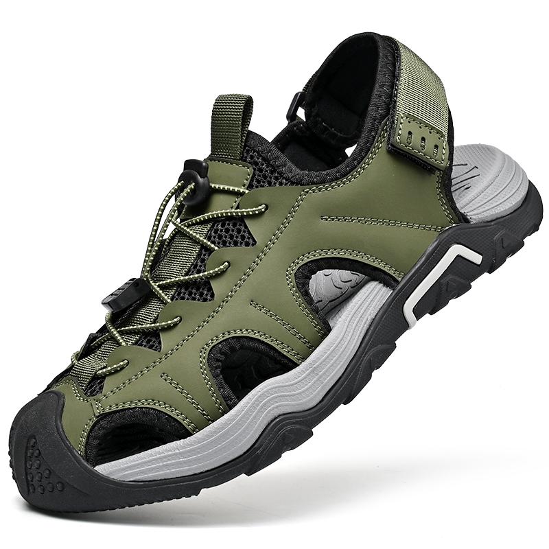 

2025New Summer Outdoor Beach Breathable Casual Leather Shoes Italian Men Antiskid Round Toe Flat Designer Walking Sandal 45 зелёный