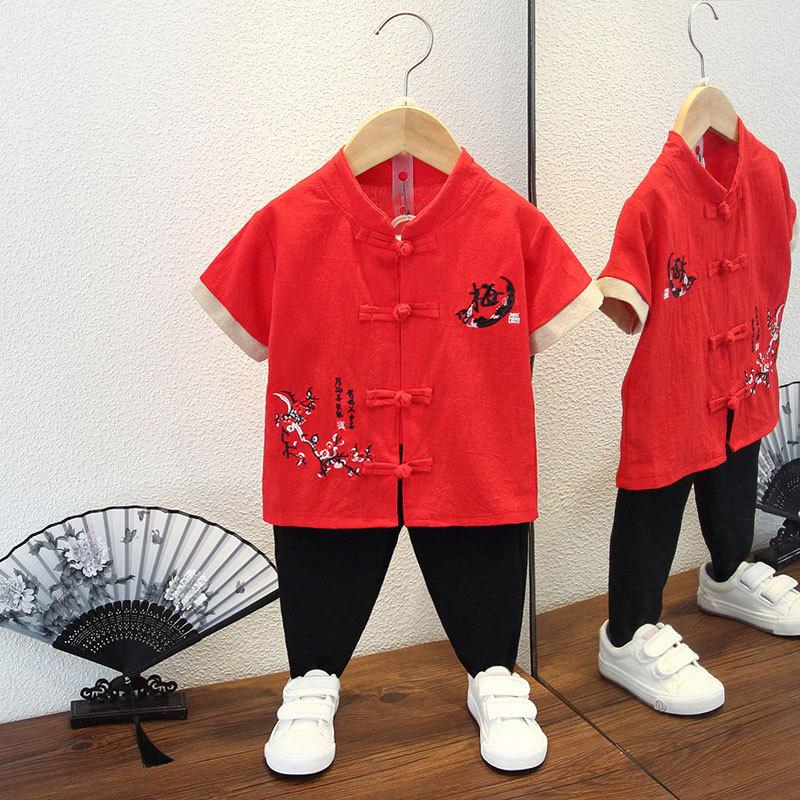 Completo Estivo da Ragazzo a Maniche Corte Stile Cinese per Bambini Hanbok Bello Completo Tang Cotone Lino Sezione Sottile di Abbigliamento Antico