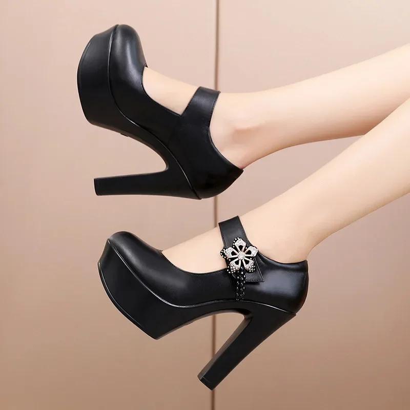 13cm Small Size 32-43 Soft Leather Platform Pumps Silver Wedding Shoes 2025 Womens Block High Heels Shoes Office Model Party