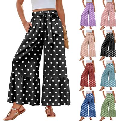 Women's Wide-Leg Casual Pants, Stretch, High Waist, Ruffled Hem, Wide Legs, Belted, And Pockets