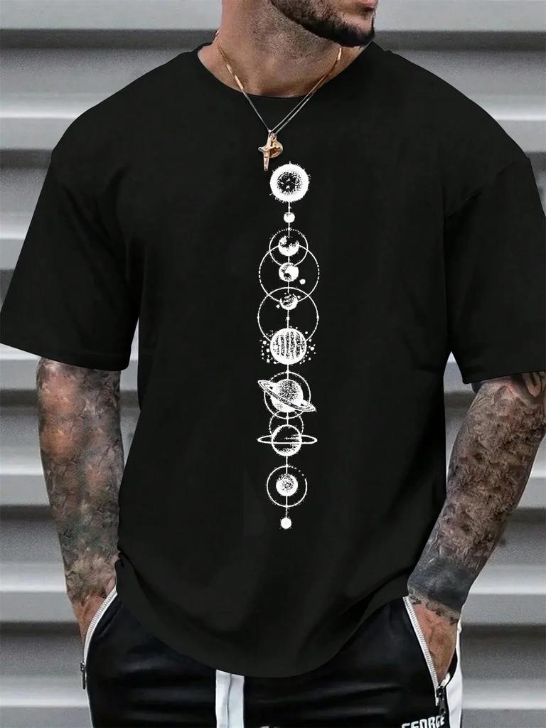Summer Unisexs Planet Print Round Neck Short Sleeved Street Casual Sports Loose Neutral Soft Breathable Daily Pure Cotton Tshirt