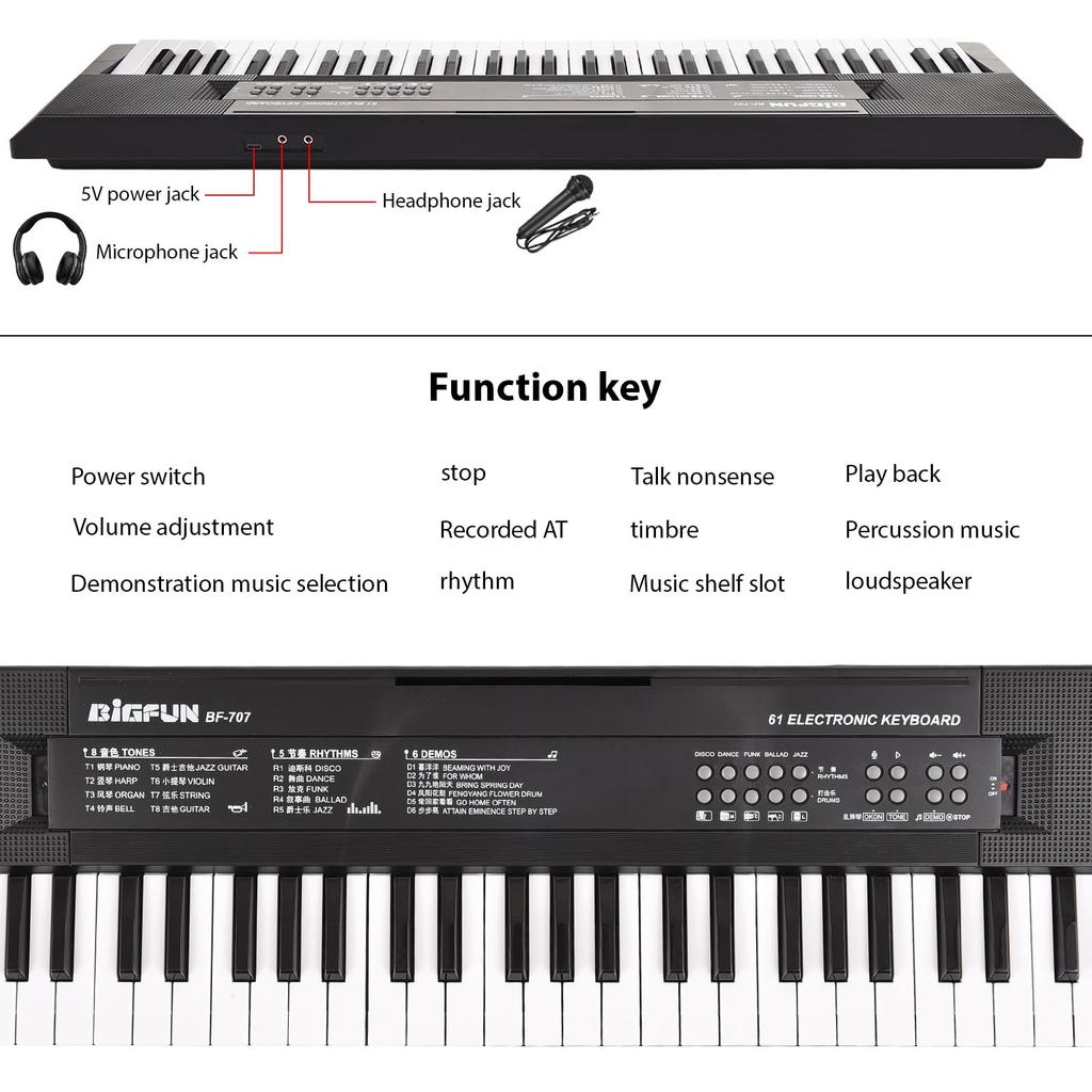 Btuty 61-Tasten Elektronisches Keyboard Klavier Doppellautsprecher 8 Töne 5 Rhythmen 5 Schlagzeug Percussions 6 Demo-Songs Mikrofon Inklusive 2 Stromversorgungsmodi Anfänger