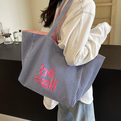 Large Capacity Striped Tote Bag Women's New Summer Shoulder Canvas Bag Casual Versatile Letter Tote Bag