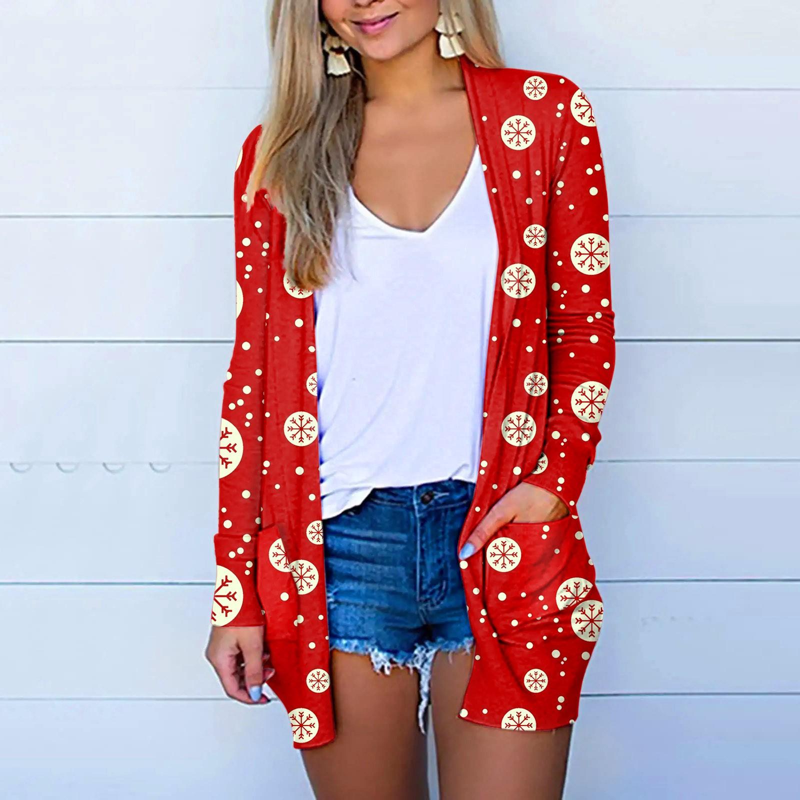 

Женский рождественский кардиган с длинными рукавами и принтом, легкая куртка S красный