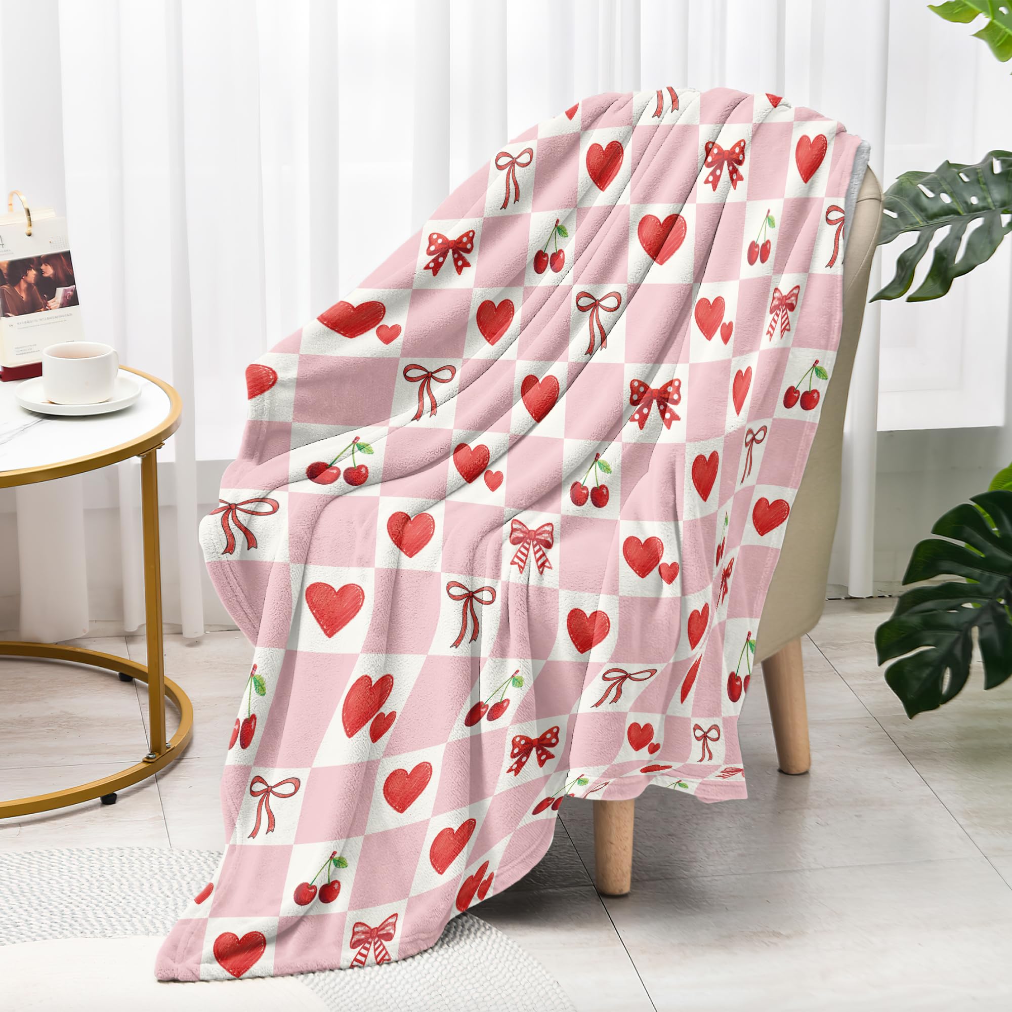 Cherry Throw Blanket, Kawaii Cartoon Fruit Cherry Plush Flannel Fleece Blanket for Couch, Travel, Bed, Office, Outdoor Camping 75x90cm