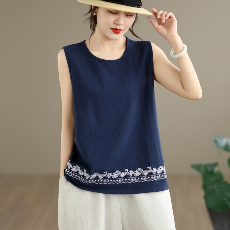 oversized cotton vintage embroidery Casual loose tank tops for Women summer vest t-shirt