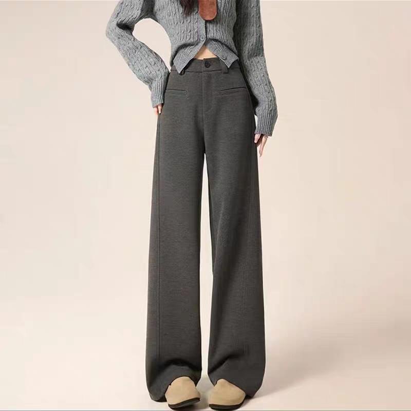 

Plus Velvet Thick High-End Woolen Wide-Leg Pants for Women: Slim-Fit, Business Style, Perfect for Autumn and Winter. Gray, Long (For 162 cm and above)