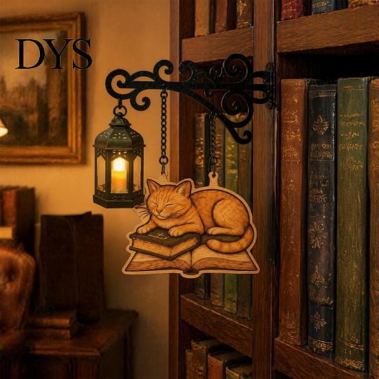 Cat Decor for Book Lovers Vintage Bookshelf Light with Sleeping on Design, Retro Lantern Unique Craft Gifts Students Lamp Reading, Decorative