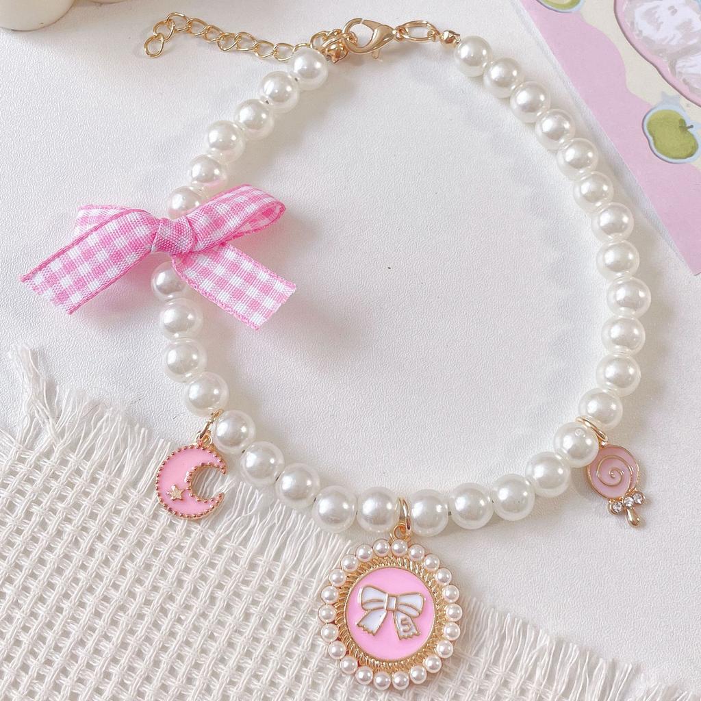 Pet Bow‑Pearl Necklace Sweet Floral‑Style Collar For Cats And Dogs Decorative Pet Neck Ornament