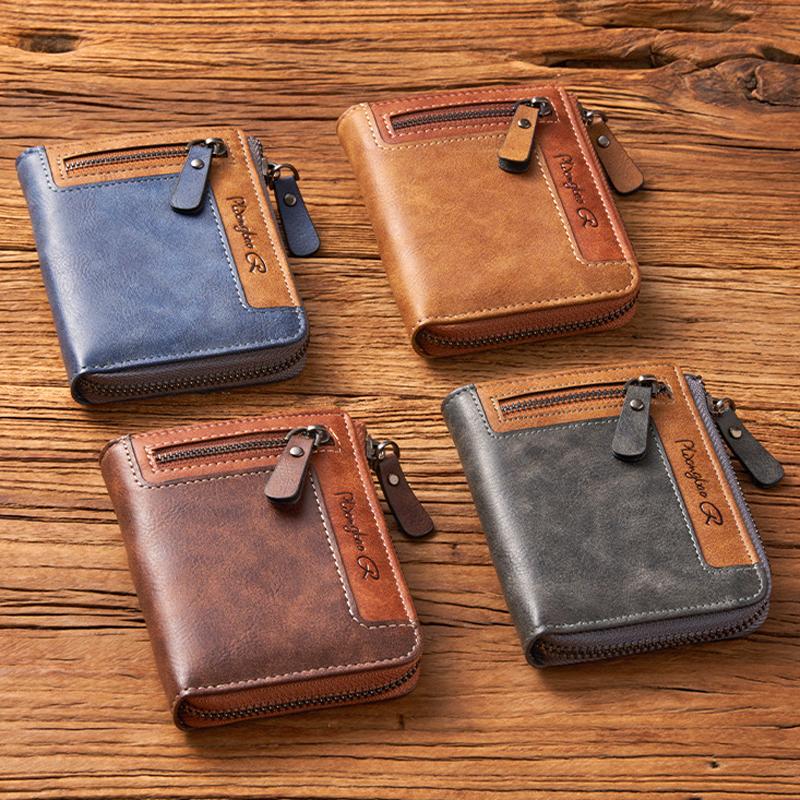 Retro Wallet for Men Zipper Short Leather Men's Wallet Multifunctional Pocket Bifold Purse Fashion Bank Credit Card Holder