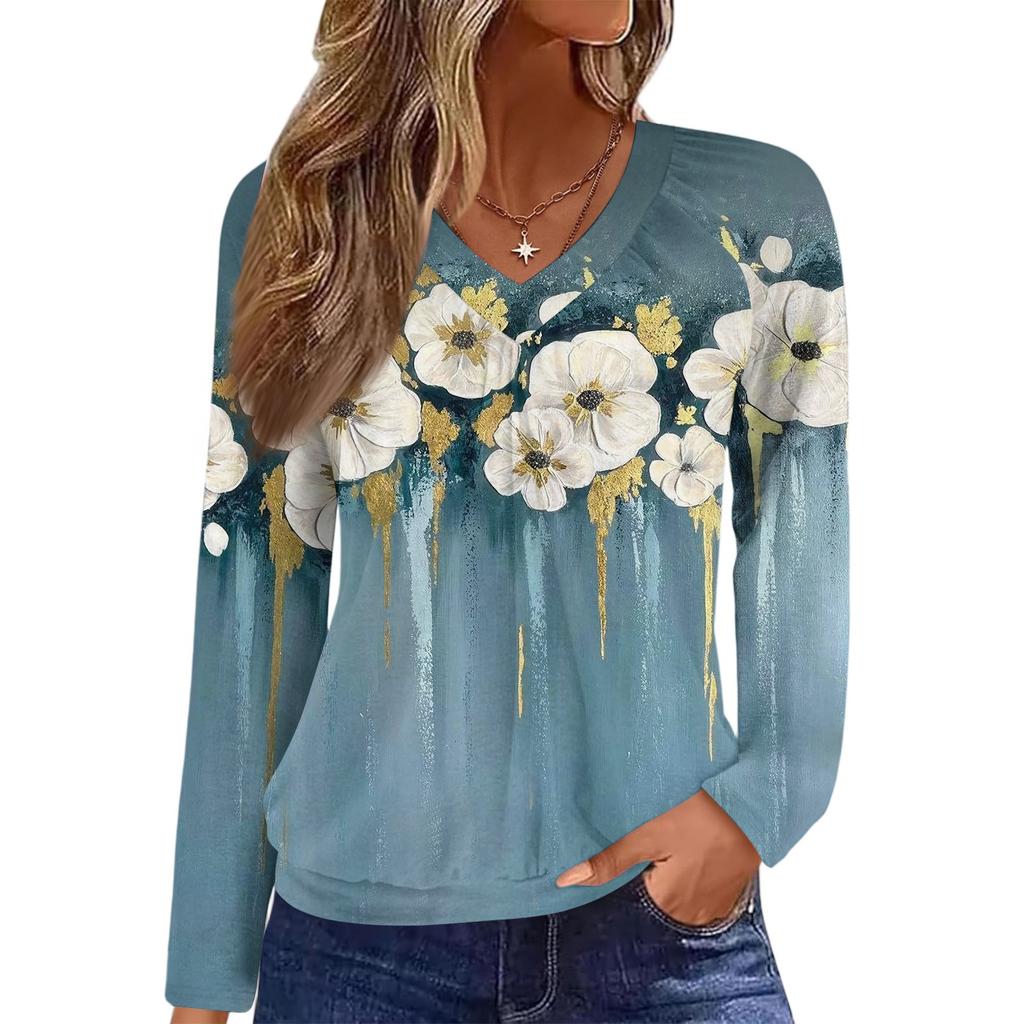 Dámský ležérní módní top s výstřihem do V, raglánovými rukávy, plisováním a květinovým potiskem, s dlouhým rukávem