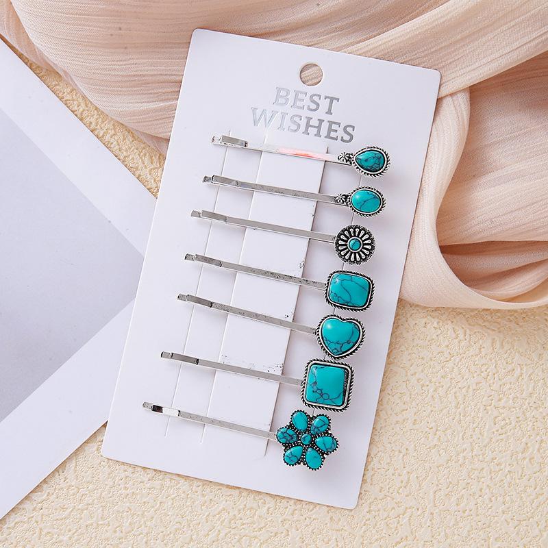 2/3/6Pcs Chinese Style Turquoise Set:Square Heart Flower Drop Blue Turquoise White Turquoise Hairpin Accessories