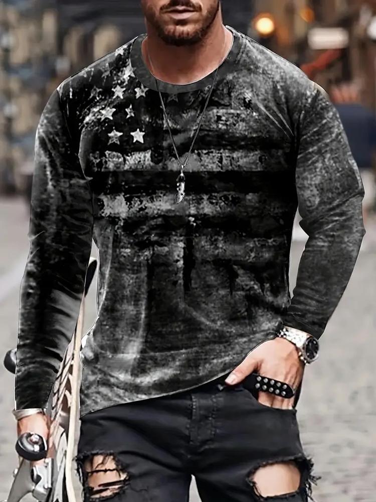 

Винтажная повседневная футболка с 3D-выцветшим флагом для мужчин, стильная, с длинным рукавом, слегка эластичная, всесезонная, комфортная и долговечная 5XL серый