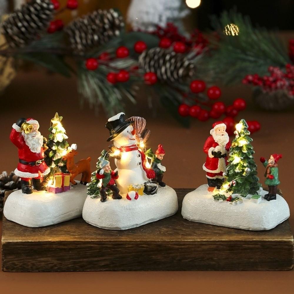 Funny Resin Christmas Village Houses Mini LED Light New Year Micro Landscape Santa Claus Craft New Year Decor Desktop Decor