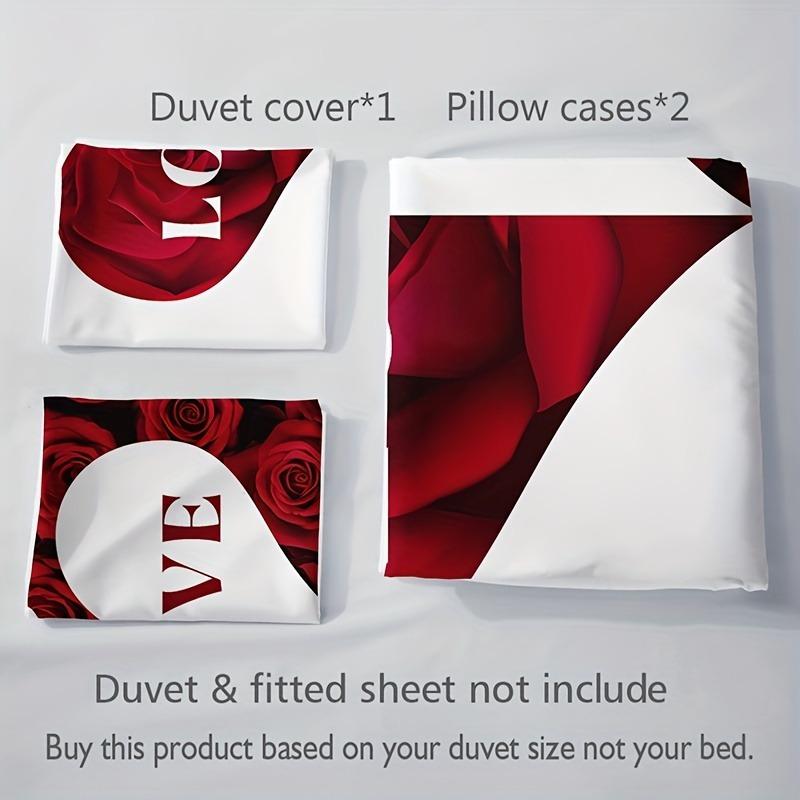 10% Polyester Breathable Soft with Soft Fabric Duvet Cover Set Red plus White Love Heart Rose Letering Al-Season Digital Print Machine Washable