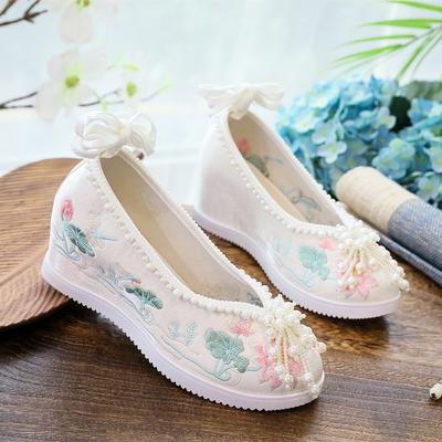 Modische Chinesische - Stil Perlen - Bestickte Keilabsatz Hanfu Schuhe | Schleife & Lotus Bestickte Antike - Stil Schuhe