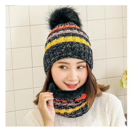Hat Ladies Winter Trendy Autumn Winter Cute Versatile Knitted Mask Scarf Fleece Cycling Ear Protector Wool Cap