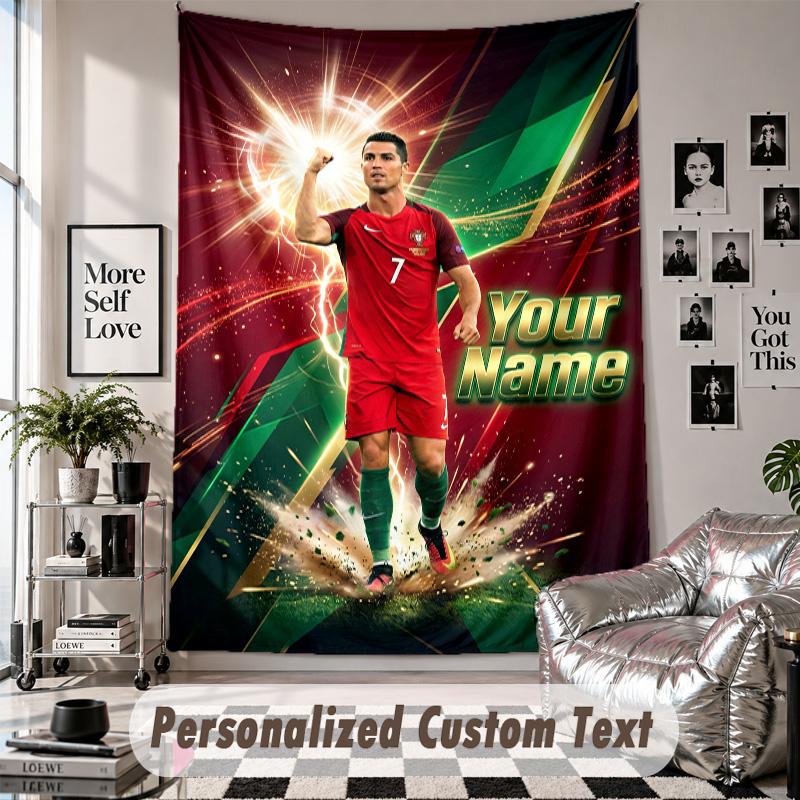 Wall Hanging Tapestry With Custom Name & Text, Cristiano Ronaldo Decorative Tapestry For Bedroom