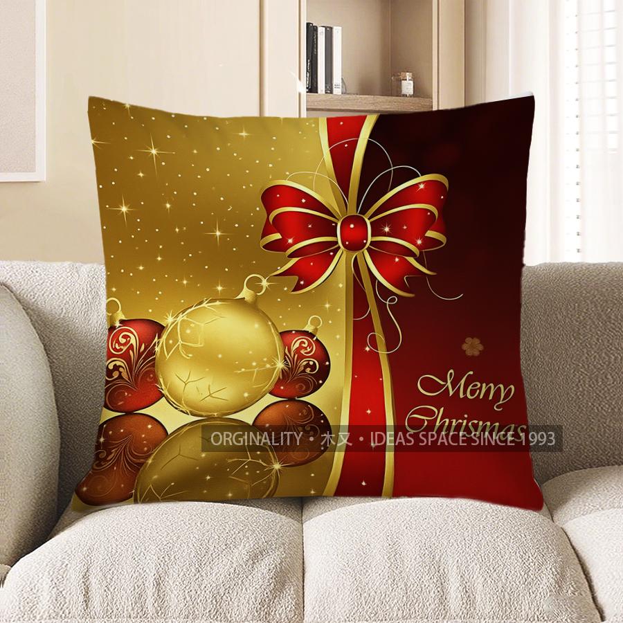 Home Decor Christmas Ornaments Bow Merry Pillow Cover Pattern Cushion Cover Suitable For Sofa Bedroom Car Pillow Cover
