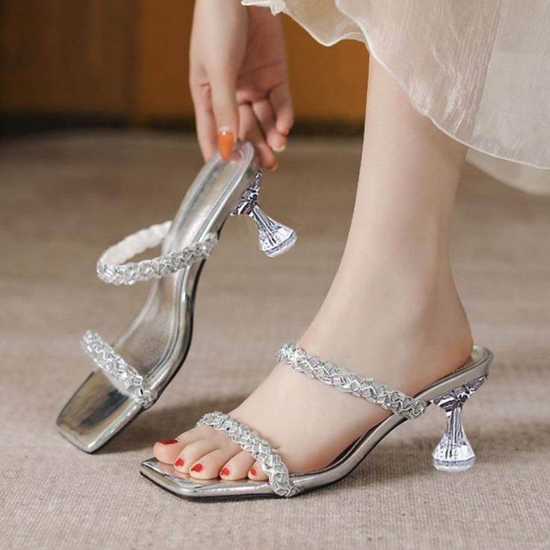 

Luxury Women Slippers Square Toe High Heels Sandals Dress Party Shoes Elegant 2025 New Summer Heeled Shoes Woman Pumps Zapatos 43 серебряный