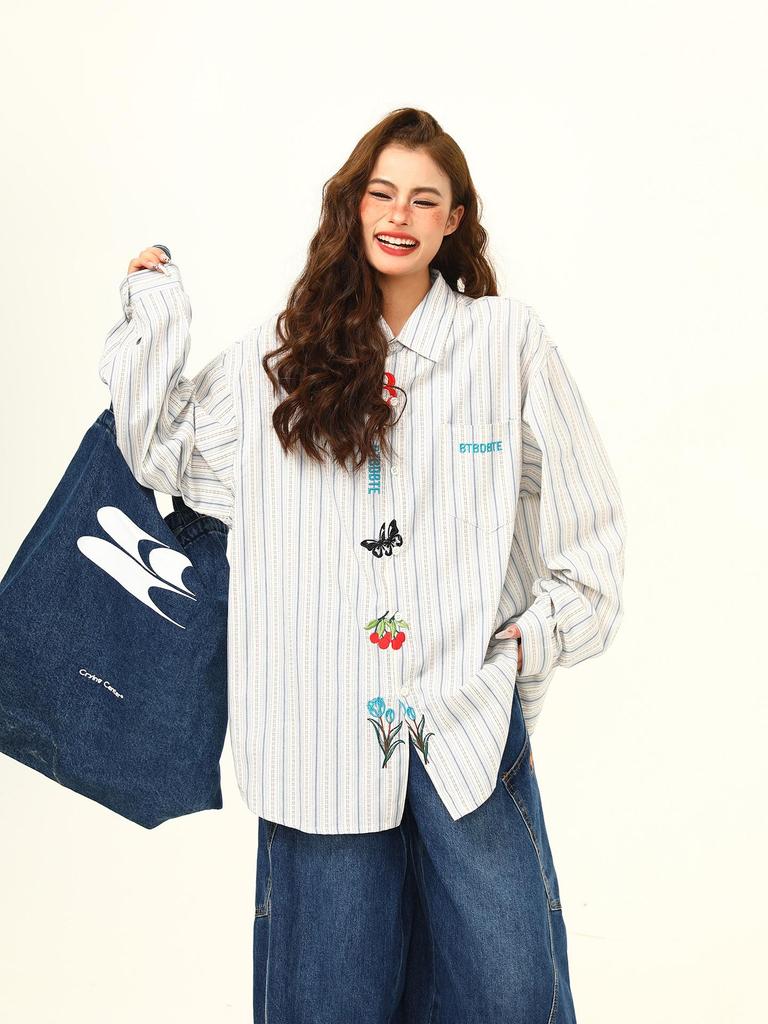 Unisex Trendy Loose-Fit Long Sleeve Butterfly & Flower Embroidery Shirt