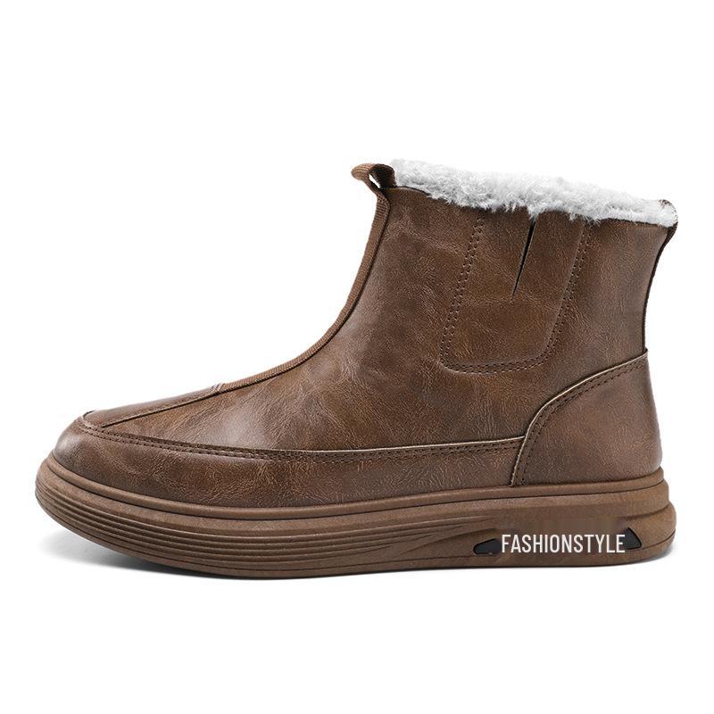 Men's 2024 Winter Waterproof Leather Zipper Snow Boots with Warm Velvet Lining.