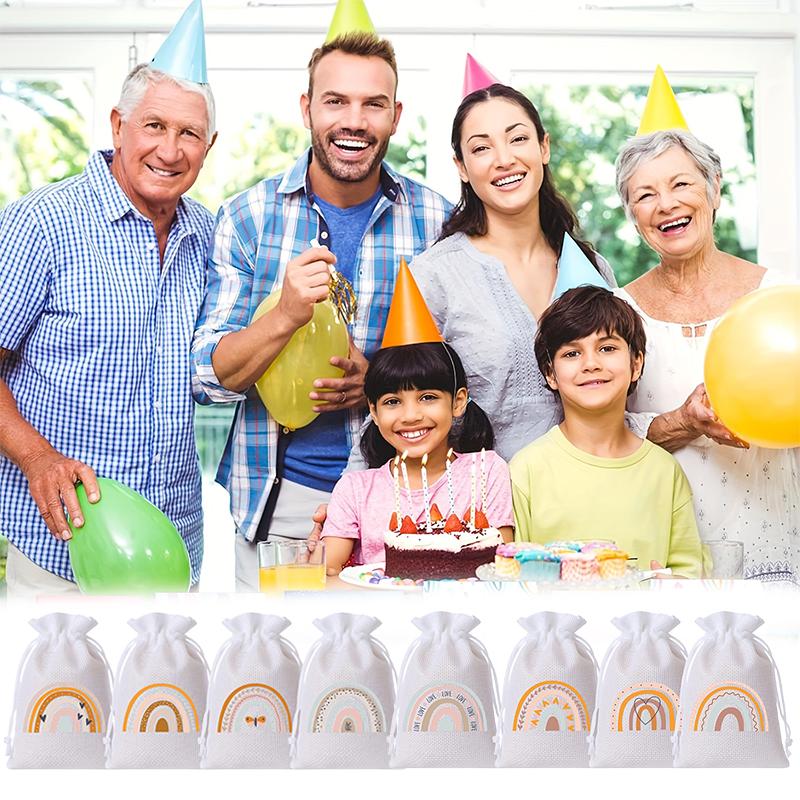 8/9 Stück Leinenbeutel Kreativer Regenbogen-Druckbeutel Aufbewahrungssäckchen Kordelzug Geschenktüten Böhmische Gastgeschenktaschen Natur 10x14cm