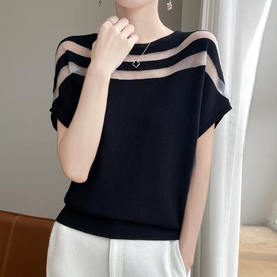 Summer New Splicing Crew Neck Knitted Sweater Short-sleeved T-shirt Women's Thin Top