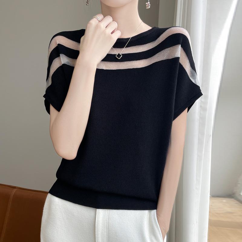 Summer New Splicing Crew Neck Knitted Sweater Short-sleeved T-shirt Women's Thin Top