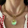Delicate Vibrant Heart Pendant Necklace Adjustable Size Clavicle Chain Green Glow Jewelry Everyday Wear Accessory