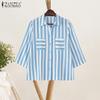 ZANZEA Women Turn Down Collar Summer Loose Casual 3/4 Sleeve Stripe Blouse