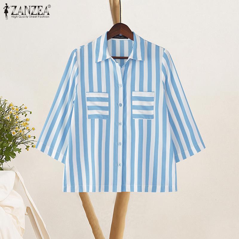 ZANZEA Women Turn Down Collar Summer Loose Casual 3/4 Sleeve Stripe Blouse