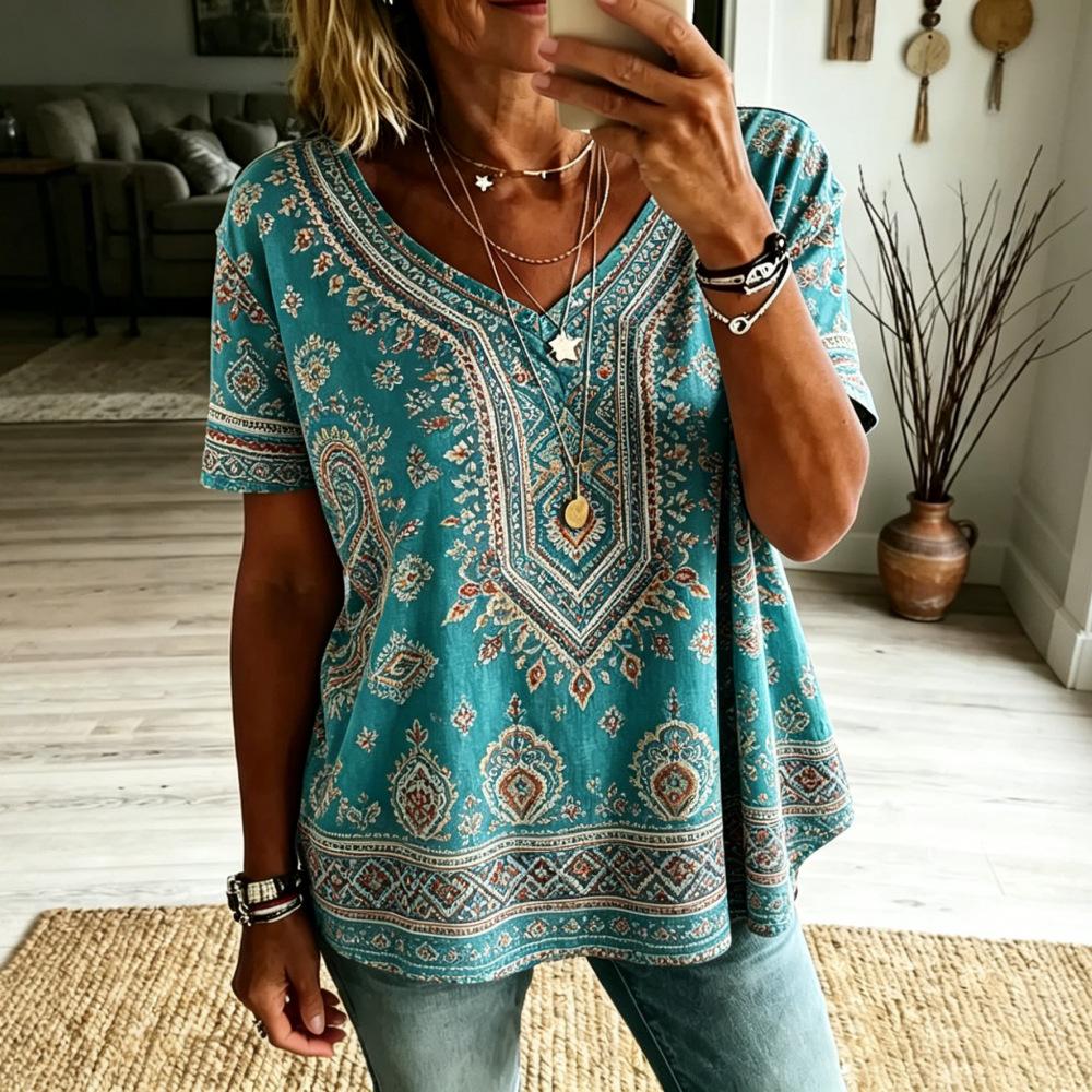 Women Boho Paisley Print Blouse V‑Neck Short Sleeve Ethnic Retro Loose Plus Size Casual Summer Tunic Top