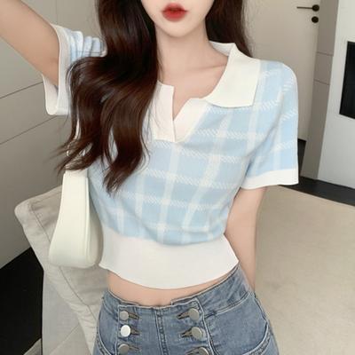 Pure Lust Chic Knitted Top Female Sweet Hot Girl Summer Design Sense Niche High-waisted Short Polo Shirt Short Sleeve T-shirt