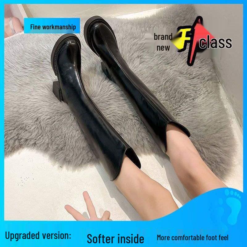 

Women s White Knee-High Genuine Leather Boots - 2025 V-Cut Chunky High Heel, Petite Over-the-Knee Riding Style 35