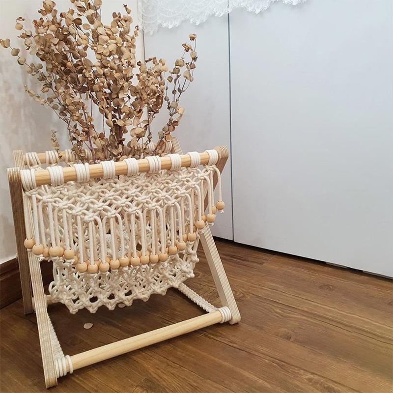1PC Floor Standing Rack Foldable Cotton Rope Woven Rack Bohemia Book Rack Macrame Basket 32x19x25cm