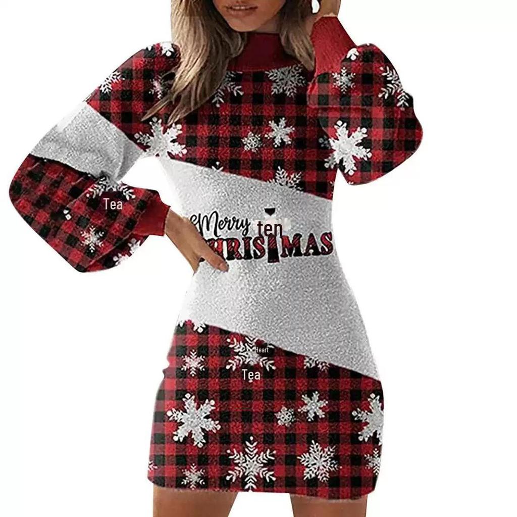 2023 Winter Christmas Print Slim Lantern Sleeve Dress