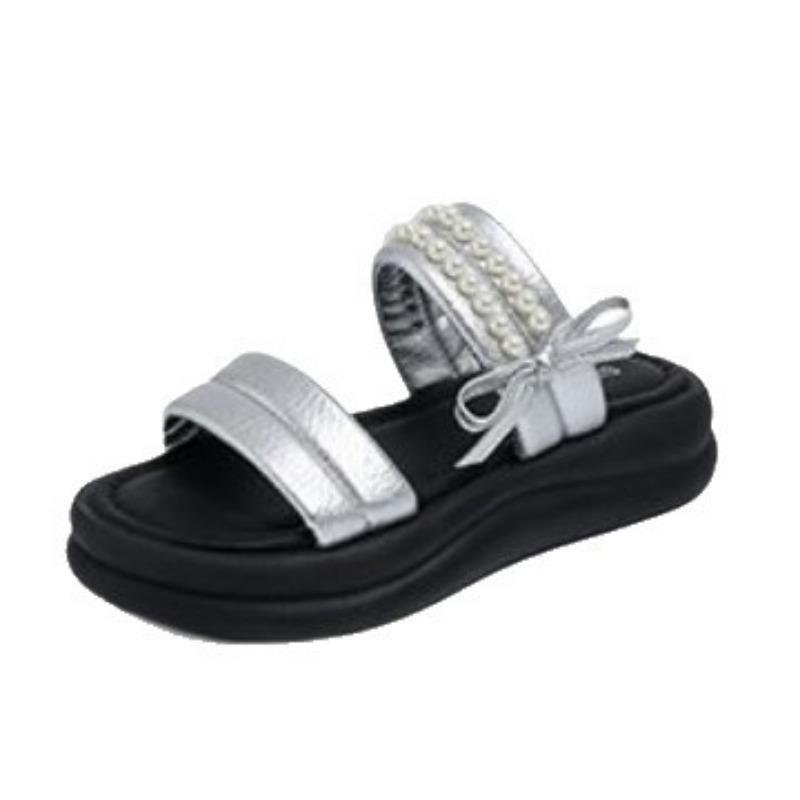 Bow open-toed thick-bottomed cool slippers for women's summer new muffin bottom casual pearl beach cool slippers for women